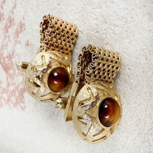 Vintage Gold Tone Mesh Cufflinks Tiger's‎ Eye Cabochon Starburst 1960s-70s Retro